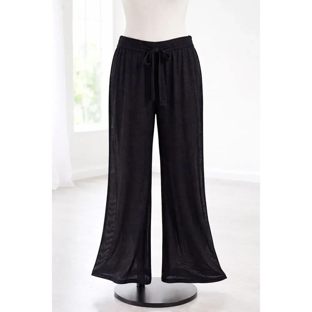 Simply Emma Black Mesh Swim Cover Up Pants Wide Leg Beach Resort Wear